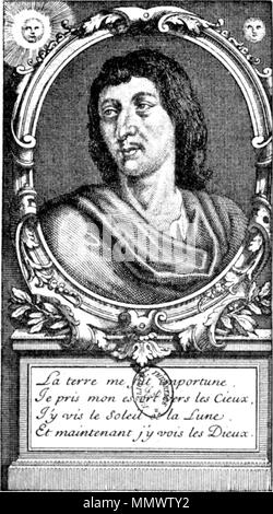 . English: Cyrano de Bergerac (1619 – 1655) French dramatist and soldier, author of The Comical History of the States and Empires of the Moon and The Comical History of the States and the Empires of the Sun. Legend: La terre me fut importune / Je pris mon eſsort vers les Cieux / J'y vis le Soleil, et la Lune / Et maintenant J'y vois les Dieux  . First Half of the 17th Century.. Unknown Cyrano de Bergerac03 Stock Photo