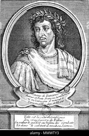 . English: Cyrano de Bergerac (1619 – 1655) French dramatist and soldier, author of The Comical History of the States and Empires of the Moon and The Comical History of the States and the Empires of the Sun. Legend: Telle est la vive ressemblance / Du vray favori de Pallas / Sa valeur le guidoit au milieu des combats, / Et dans son cabinet il avoit sa Science. . First Half of the 17th Century. Desrochers fecit Cyrano de Bergerac02 Stock Photo