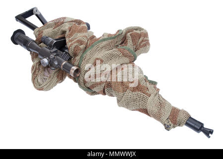 camouflaged kalashnikov AK with sniper scope isolated on a white background Stock Photo