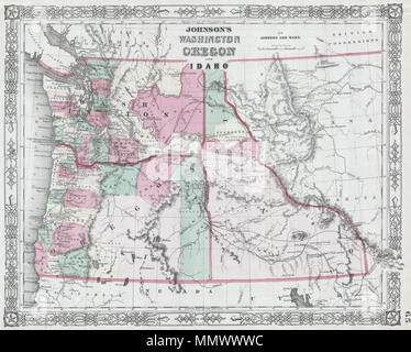 .  English: This is a magnificent 1864 hand colored map depicts Washington state, Oregon and Idaho. This is a rare variant upon the same 1864 Johnson’s map issue earlier in 1864, due to the defined Idaho-Montana border. This suggests that this map was issued late in 1864 following the formation of Montana.  Johnson’s Washington Oregon and Idaho.. 1864. 1864 Johnson Map of Washington, Oregon and Idaho - Geographicus - WAOR2-j-64 Stock Photo