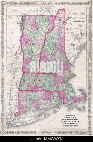 .  English: This magnificent 1864 hand colored map of the New England states of Vermont, New Hampshire, Massachusetts, Rhode Island, and Connecticut. Map is dated and copyrighted 1864.  Johnson’s Vermont, New Hampshire, Massachusetts, Rhode Island, and Connecticut. 1864. 1864 Johnson's Map of New England (Vermont, New Hampshire, Massachusetts, Rhode Island and CT) - Geographicus - VTNHMACTRI-j-64 Stock Photo