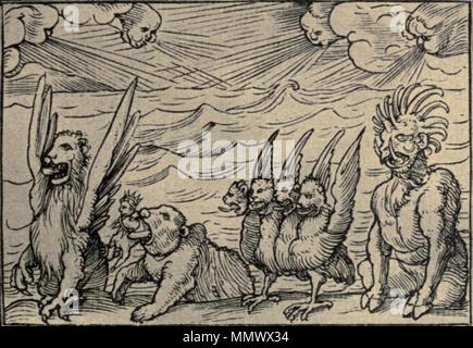 . English: Daniel's vision of the four beasts (Daniel 7).  . 16th century. Hind, Arthur Mayger (ed.) & Hans Holbein the Younger Daniel 4 Beasts Stock Photo