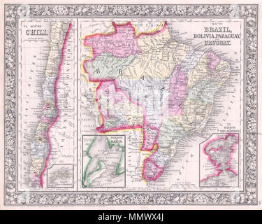 .  English: A beautiful example of S. A. Mitchell Jr.’s 1864 two map sheet depicting parts of South America. The left hand map depicts Chili with an inset of the Island of Juan Fernandez. The right hand maps shows Brazil, Bolivia, Paraguay and Uruguay with insets of the Harbor of Bahia and the Harbor of Rio de Janeiro. One of the most attractive American atlas maps of this region to appear in the mid 19th century. Features the floral border typical of Mitchell maps from the 1860-65 period. Prepared by S. A. Mitchell for inclusion as plate no. 58 in the 1864 issue of Mitchell’s New General Atla Stock Photo