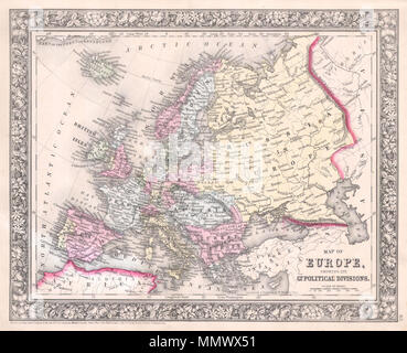 .  English: A beautiful example of S. A. Mitchell Jr.’s 1864 map of Europe. Depicts all of Europe including Iceland. Extends eastwards as far as the Ural Mountains and southward to include parts of North Africa and Turkey. Denotes both political and geographical details. One of the most attractive American atlas maps of this region to appear in the mid 19th century. Features the floral border typical of Mitchell maps from the 1860-65 period. Prepared by W. Williams for inclusion as plate no. 64 in the 1864 issue of Mitchell’s New General Atlas . Dated and copyrighted, “Entered according to Act Stock Photo