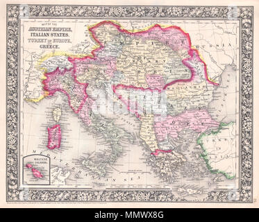 .  English: A beautiful example of S. A. Mitchell Jr.’s 1864 map of the Austrian Empire, Italy, Turkey in Europe and Greece. An inset in the lower left quadrant features the Maltese Islands. Denotes both political and geographical details. When this map was made Italy was in the midst of its struggle for national solidarity. Three powerful forces vied for control of the peninsula, the Kingdom of Sardinia, the Papal States, and the Kingdom of Naples. Two years after this map was made, in 1864, the forces of Garabaldi would finally consolidate Italy into a single nation. One of the most attracti Stock Photo