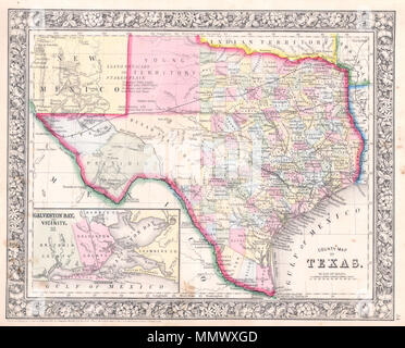 .  English: A beautiful example of S. A. Mitchell Jr.’s 1864 map of Texas and part of New Mexico. Detailed to the county level with notations on railroads, topographical features, springs and cities. Lower left hand quadrant features an inset map of Galveston Bay and Vicinity. One of the most attractive atlas maps of Texas to appear in the mid 19th century. Prepared by S. A. Mitchell Jr. for inclusion as plate 34 in the 1864 issue of Mitchell’s New General Atlas . Dated and copyrighted, “Entered according to Act of Congress in the Year 1860 by S. Augustus Mitchell Jr. in the Clerk’s Office of  Stock Photo