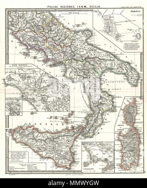 .  English: A particularly interesting map, this is Karl von Spruner’s 1865 rendering of Southern Italy and Sicily in antiquity. This map covers southern Italy from Rome south as far as modern day Naples and Sicily, and east as far as Calabria. Like most of Spruner’s work this example overlays ancient political geographies on relatively contemporary physical geographies, thus identifying the sites of forgotten towns and villages, the movements of armies, and the disposition of lands in the region. This particular example includes ancient names for many notable regions and historical sites. Add Stock Photo