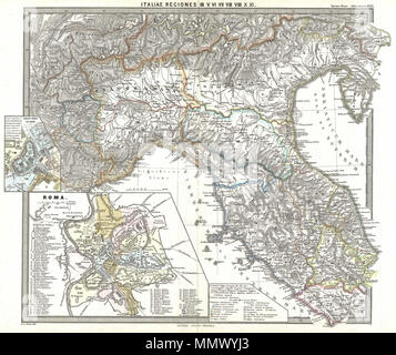 .  English: A particularly interesting map, this is Karl von Spruner’s 1865 rendering of Northern Italy and Rome in antiquity. This map covers northern Italy from modern day Venetia south as far as Rome and west to modern day Piedmont. Like most of Spruner’s work this example overlays ancient political geographies on relatively contemporary physical geographies, thus identifying the sites of forgotten towns and villages, the movements of armies, and the disposition of lands in the region. This particular example includes ancient names for many important regions and sites. Additionally, two ins Stock Photo