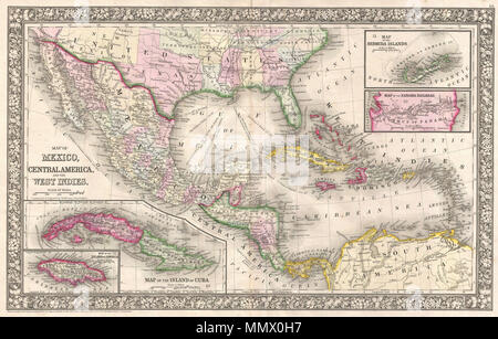 .  English: A fine example of Mitchell’s 1866 map of Mexico, Central America, and the West Indies. Centered on New Orleans, this map covers all of Mexico, the West Indies, the Gulf of Mexico, the Caribbean Sea, the Greater and Lesser Antilles, the northern parts of South America, and the southern parts of the United States including all of Texas and Florida. The whole is color coded at the state and province level. This map notes important nautical routes from New Orleans to various popular destinations including, San Francisco, Tampico, the Rio Grande, Veracruz, Panama, and Havana. Features t Stock Photo