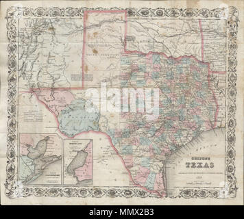 .  English: An extremely rare and unusual map pocket map of Texas by G.W. and C.B. Colton. This rare map of Texas was issued in 1870 based upon Jacob de Cordova’s important 1849 map of Texas. Cordova sold the publishing rights to his Texas map to J. H. Colton in 1855. Features inset plans of Galveston Bay and Sabine Lake drawn from the 1853 U.S. Coast Survey of this area. Offers detailed notations on Geography, roads, counties, and forts. Specifically indicated the Uited States Mail Route, Smith and Whiting’s Route to El Paso, Connelly’s Trail, the Commanche Trail, the Route to Fort Smith, the Stock Photo