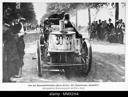 .  English: Picture of the automobile race Paris-Berlin. The Serpollet Steam Car. Deutsch: Bild von der Automobilfernfahrt Paris-Berlin. Der Dampfwagen Serpollet.  . June 1901. Own work ermell Die Woche Paris-Berlin Serpollet Steam Car PB102357 Stock Photo