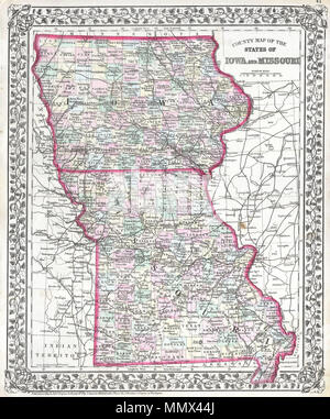 .  English: This hand colored antique map of Iowa and Missouri is a lithographic engraving dating to 1874 by the legendary American map publisher Samuel Augustus Mitchell Jr. Cities and towns are shown in considerable detail.  Mitchell's Map of Iowa and Missouri.. 1874. 1874 Mitchell Map of Iowa and Missouri - Geographicus - IOMS-m-1874 Stock Photo