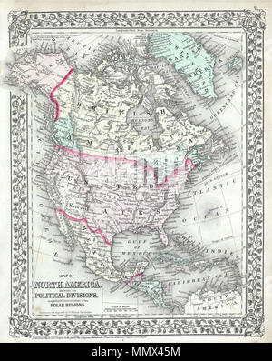 .  English: This hand colored antique map of North America is a lithographic engraving dating to 1874 by the legendary American map publisher Samuel Augustus Mitchell Jr. Cities and towns of the United States are show in considerable detail.  North America and the United States.. 1874. 1874 Mitchell Map of North America ^ the United States - Geographicus - AmerNorth-m-1874 Stock Photo