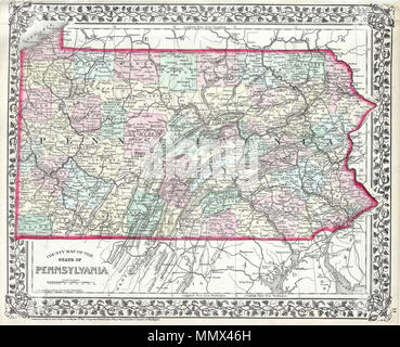 .  English: This hand colored map is a lithographic engraving, dating to 1874 by the legendary American mapmaker S.A. Mitchell Jr. This is a rare representation of Pennsylvania.  Pennsylvania.. 1874. 1874 Mitchell Map of Pennsylvania - Geographicus - PA-m-1874 Stock Photo
