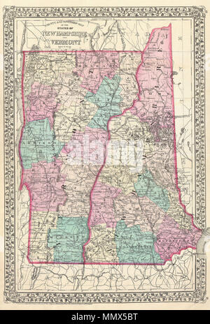 .  English: A beautiful example of S. A. Mitchell Jr.’s 1877 map of Vermont and New Hampshire. Denotes both political and geographical details. Divided according to counties and highlighted with Mitchell’s typical pastels. One of the most attractive American atlas maps of this region to appear in the mid 19th century. Features the vine motif border typical of Mitchell maps from the 1866 - 1882 period. Prepared by S.A. Mitchell for inclusion as plate nos. 18 and 19 in the 1878 issue of Mitchell’s New General Atlas . Dated and copyrighted, “Entered according to Act of Congress in the Year 1877 b Stock Photo