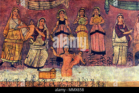 . English: Moses found in the river. Fresco from Dura Europos synagogue.  . 244–255 CE. Unknown Dura Europos fresco Moses from river Stock Photo