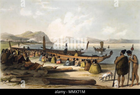 . 'War Speech', by Augustus Earle, depicting an event of 1827-1828. A Māori chief standing in a beached canoe, addressing a crowd of warriors, mostly seated, with a few standing. Two other long canoes are on the beach, one with a sail is in the water, and others are pulled up close to a pā or kāinga in the left background. A dog (kurī) sniffs the ground in the foreground. Most men are armed with guns, although one on the far right holds a taiaha. A gourd and flax kit are centrally placed amongst one group of men. Earle's text reads: 'A party of warriors had collected at the Bay of Islands for  Stock Photo