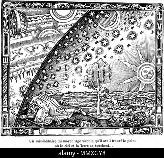 . English: The Flammarion engraving is a wood engraving by an unknown artist that first appeared in Camille Flammarion's L'atmosphère: météorologie populaire (1888). The image depicts a man crawling under the edge of the sky, depicted as if it were a solid hemisphere, to look at the mysterious Empyrean beyond. The caption translates to 'A medieval missionary tells that he has found the point where heaven and Earth meet...'  . 1888. Anonymous FlammarionWoodcut Stock Photo