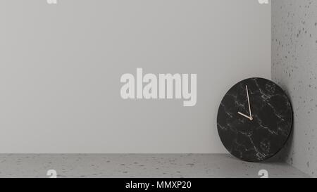 Black stone circle shape and flat with curved edges / clock copper needle reflect light in the room leaning on the corner between the rough floor and  Stock Photo