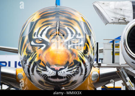 Embraer E190-E2, with the front section decorated as a tiger head, on display during Singapore Airshow 2018 at Changi Exhibition Centre in Singapore. Stock Photo