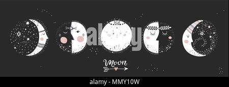 Moon phases, characters image on black background. Hand drawn vector illustration of cycle from new to full moon.Vector illustration. Stock Vector