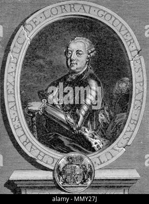 .  English: Prince Charles Alexander of Lorraine 1712-1780, son of Duke Leopold I. Joseph of Lorraine and Princess Charlotte Elisabeth of France (daughter of Elisabeth Charlotte, Princess Palatine, and Duke Philipp I. of Orléans), husband of Archduchess Maria Anna of Austria Français : Charles-Alexandre de Lorraine 1712-1780, fils de Léopold I duc de Lorraine et et duc de Bar, et d'Elisabeth Charlotte princesse d'Orléans.  Portrait of Charles Alexander of Lorraine (1712-1780). circa 1775. Charles Alexandre Lorraine 1712 1780 engr