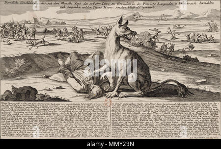 .  English: Engraving depicting the Beast of Gévaudan. Français : Gravure allemande représentant la Bête du Gévaudan.  . between 1762 and 1764. Anonymous Gevaudan Monster Stock Photo