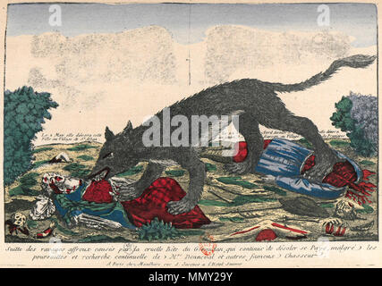 .  English: 18th century print depicting the Beast of Gévaudan. Français : La Bête du Gévaudan. Русский: Гравюра, на которой Жеводанский Зверь поедает тела жертв.  . 18th century. Anonymous Gevaudan bete3 Stock Photo