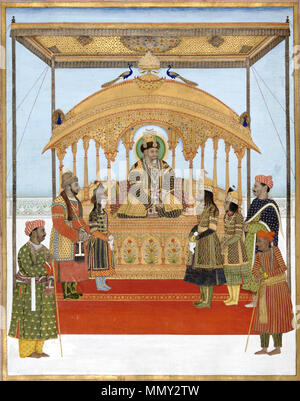 . English: The Delhi Darbar of Akbar II. In this painting attributed to the artist Ghulam Murtaza Khan, the Mughal emperor Akbar II (r. 1806-37 CE) holds court from atop an exquisite, jewel-encrusted jharoka, or throne, covered by a baldachin and topped with an embroidered canopy; the jharoka is a copy of the famous Peacock Throne looted by the Iranians under the Afsharid ruler Nadir Shah (r. 1736-47 CE) in 1738-39 CE. Akbar’s sons, Abu Zafar Siraj al-Din (the future Bahadur Shah II and the last ruler of the Mughal dynasty, r. 1838-57 CE), Mirza Salim, Mirza Jahangir and Mirza Babur, stand in  Stock Photo