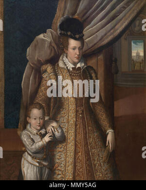 .  Italiano: Ritratto postumo di Giovanna d'Austria, granduchessa di Toscana, e suo figlio don Filippino de' Medici. English: Posthumous portrait of Joanna of Austria, Grand Duchess of Tuscany, and her son don Filippino de' Medici.  Portrait of Joanna of Austria with her son Philip. 1586. Giovanni Bizzelli - Giovanna d'Austria e suo figlio don Filippino de' Medici - 1586 Stock Photo