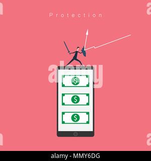 Minimalist stile. vector business finance. protection mobile banking and money concept with  icon of businessman Sword and shield, Symbol leadership,  Stock Vector