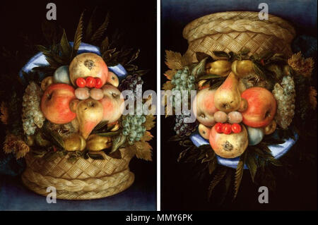 . Reversible Head with Basket of Fruit  . circa 1590. Giuseppe Arcimboldo, Reversible Head with Basket of Fruit, c. 1590, oil on panel Stock Photo