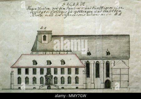 . Deutsch: FAÇXADE Gegen Norden von dem Pauliner- und künfftigem Universitæts-Collegio zu Göttingen und derselben Kirche nebst dem Observatorio astronomico.  . 1733. Joseph Schädeler (1692-1763) Goettingen Uni Ansicht 01 Stock Photo