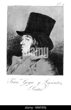 . Los Caprichos is a set of 80 aquatint prints created by Francisco Goya for release in 1799.  Capricho ? 1: Francisco Goya y Lucientes, Pintor. 1799. Goya - Caprichos (01) Stock Photo