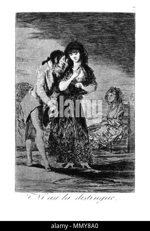 . Los Caprichos is a set of 80 aquatint prints created by Francisco Goya for release in 1799.  Spanish: Capricho ? 7: Ni así la distingue Even thus he cannot make her out. 1799. Goya - Caprichos (07) Stock Photo