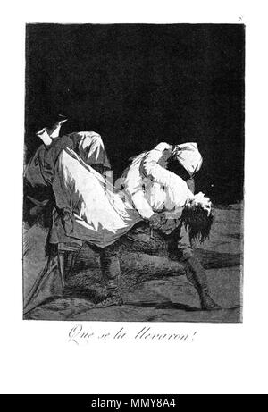 . Los Caprichos is a set of 80 aquatint prints created by Francisco Goya for release in 1799.  Spanish: Capricho ? 8: ¡Que se la llevaron! So they carried her off!. 1799. Goya - Caprichos (08) Stock Photo