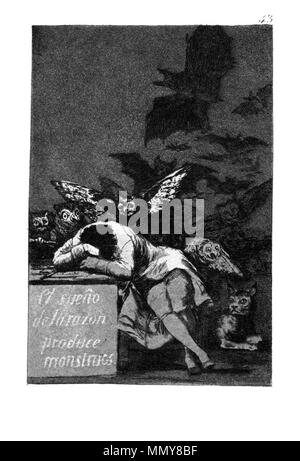 . Los Caprichos is a set of 80 aquatint prints created by Francisco Goya for release in 1799.  Spanish: Capricho ? 43: El sueño de la razón produce monstruos The Sleep of Reason Produces Monsters ??????????: ???????? ? 43, «??? ?????? ???????? ??????????» . 1799. Goya - Caprichos (43) Stock Photo