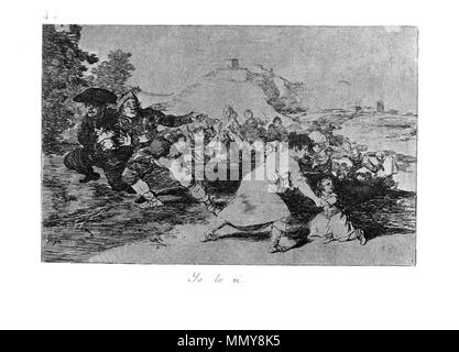 . Los Desatres de la Guerra is a set of 80 aquatint prints created by Francisco Goya in the 1810s. Plate 44: Yo lo vi. (I saw it. )  . 1810s.   Francisco Goya  (1746–1828)      Alternative names Francisco Goya Lucientes, Francisco de Goya y Lucientes, Francisco José Goya Lucientes  Description Spanish painter, printmaker, lithographer, engraver and etcher  Date of birth/death 30 March 1746 16 April 1828  Location of birth/death Fuendetodos Bordeaux  Work location Madrid, Zaragoza, Bordeaux  Authority control  : Q5432 VIAF:?54343141 ISNI:?0000 0001 2280 1608 ULAN:?500118936 LCCN:?n79003363 NLA: Stock Photo