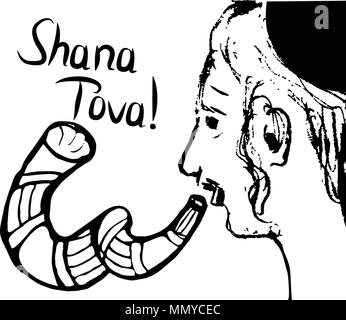 A religious Jew with a shofar. Hasid blows the shofar on Rosh Hashanah. Sketch, doodle, hand draw. Lettering inscription Shana Tov in the translation of Happy Rosh aShana. Vector illustration. Stock Vector