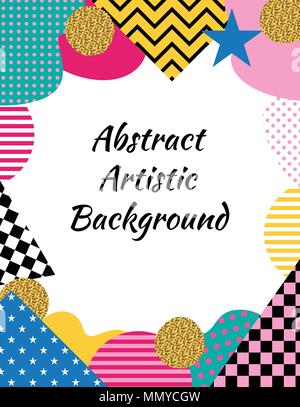 Abstract artistic background in Memphis style of 80-90. Rectangular vertical frame Stock Vector