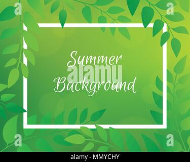 Nature gradient backdrop with foliage and rectangular frame. Green horizontal blurred background with bokeh. It can be used for poster, sale banner, p Stock Vector