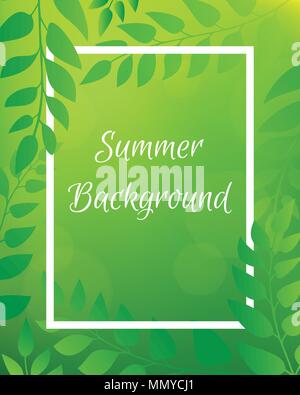 Nature gradient backdrop with foliage and rectangular frame. Green blurred background with bokeh. It can be used for poster, sale banner, packaging. Stock Vector