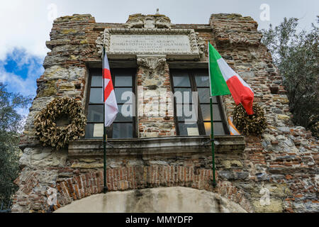 GENOA, ITALY - MARCH 9, 2018: Detail of Christopher Columbus House in Genoa, Italy. It is an 18th century reconstruction of the house in which Christo Stock Photo