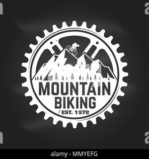 Mountain biking. Vector illustration. Concept for shirt , print, stamp or tee. Vintage typography design with man riding bike and mountain silhouette. Stock Vector