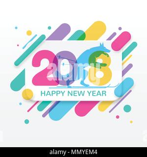 2018 Happy New Year greeting card with abstract colored rounded shapes lines in diagonal rhythm. For greeting card, poster, brochure or flyer template Stock Vector