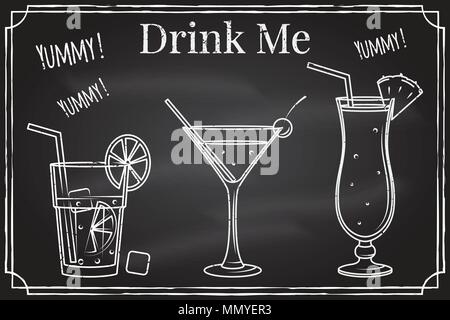 Set of cocktail icon. Drink me. Elements on the theme of the restaurant business. Chalk drawing on a blackboard. For cafe or cocktail bar. Thin line i Stock Vector