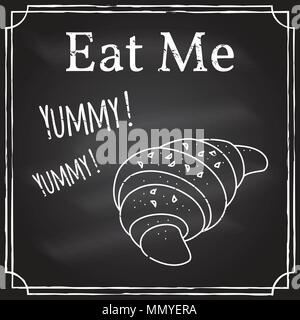 Eat me. Elements on the theme of the restaurant business. Chalk drawing on a blackboard. For cafe or bakery. Croissant emblem. Thin line icon -vector  Stock Vector