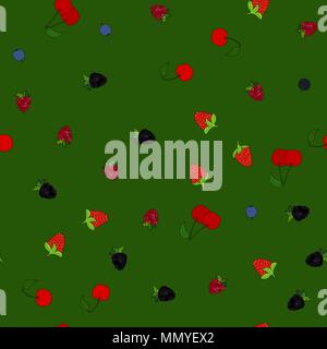 abstract vector doodle berry chaotic seamless pattern on green background Stock Vector