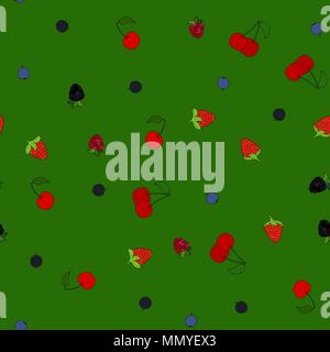 abstract vector doodle berry chaotic seamless pattern on green background Stock Vector