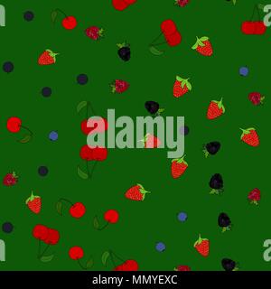 abstract vector doodle berry chaotic seamless pattern on green background Stock Vector